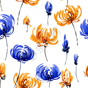 橙色和蓝色菊花的海水颜色和墨水插图图片