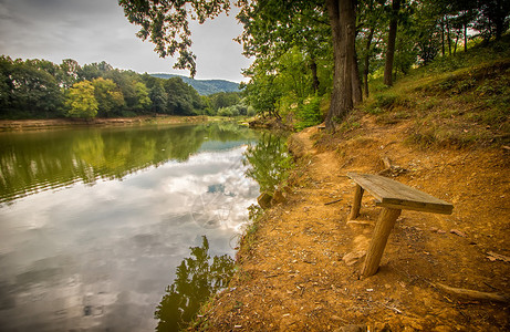 湖岸上孤独的长椅图片