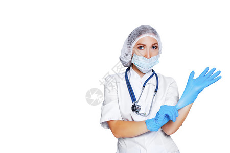外科医生女人隔离在白色医生戴上无菌手套医疗广告的地方图片