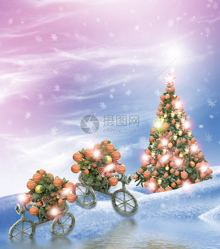 新年贺卡圣诞树上装饰着五颜六色的玩具图片