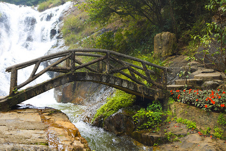 靠近瀑布的山林中的木桥图片