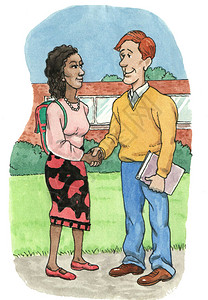 黑人女子和白人男子握手的颜色图图片