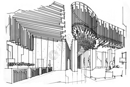 素描室内透视大堂黑白室内设计图片
