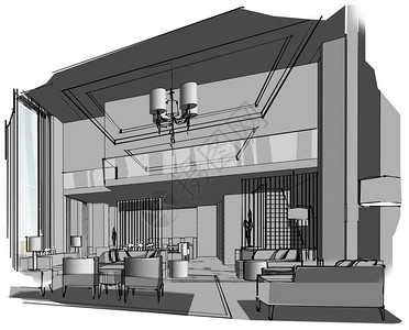 素描室内透视条纹客厅和餐厅黑白颜色图片
