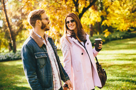 在秋天公园散步的情侣中年背景图片