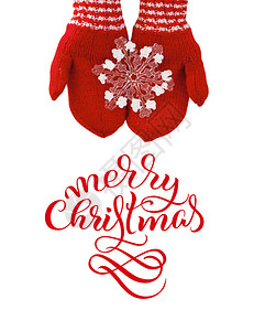 穿着红手套的女士手拿着一个玩具雪花上面有文字圣诞图片