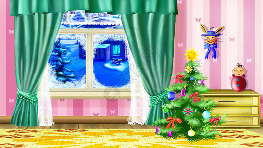 圣诞树在一个有家具和玩具的客厅里图片