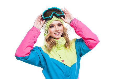 穿着滑雪眼镜和冬季运动用具的感图片