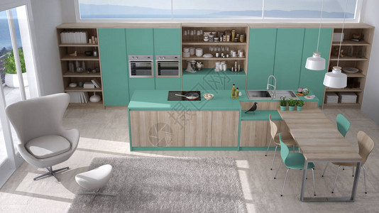 现代白色和绿宝石厨房图片