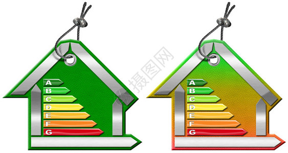 能源效率具有能源效率等级的房屋形状的两个符号的3D插图在白图片