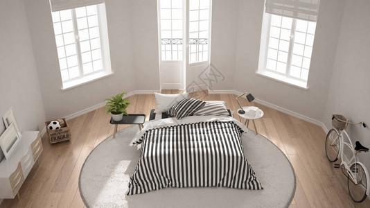 最起码的现代白色卧室典型的北欧室内设图片