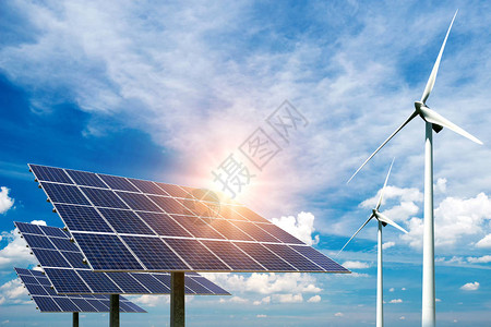 拼贴的太阳能电池板和风力汽轮机可持续资源的概念图片