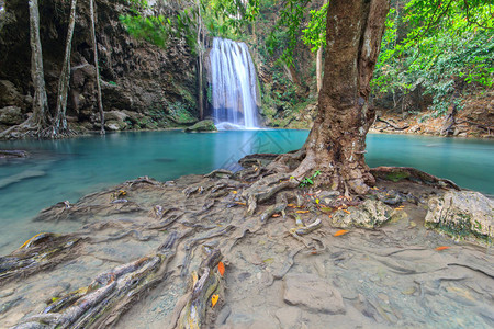 瀑布景观背景美丽的自然户外摄影有树和灌木的泰国绿色雨林密图片
