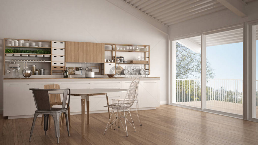 最小型的白色木制厨房大型全景窗口经典扫描图片