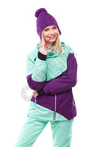 穿着紫色滑雪服和墨镜图片