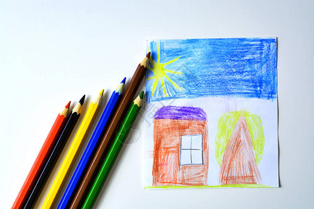儿童绘画房子树和背景图片