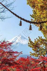 富士山和带绳索的日本寺庙图片