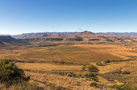 在南非橙色自由邦面对蓝云天空的寒冬农业地貌和岩山南非奥图片