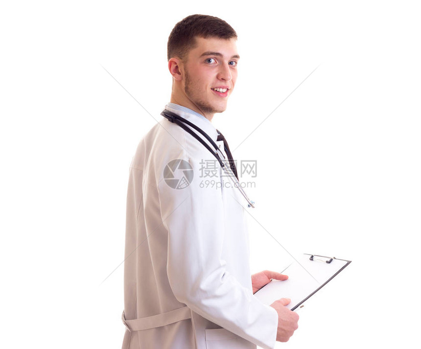 穿着蓝衬衫领带和白色医生礼服图片