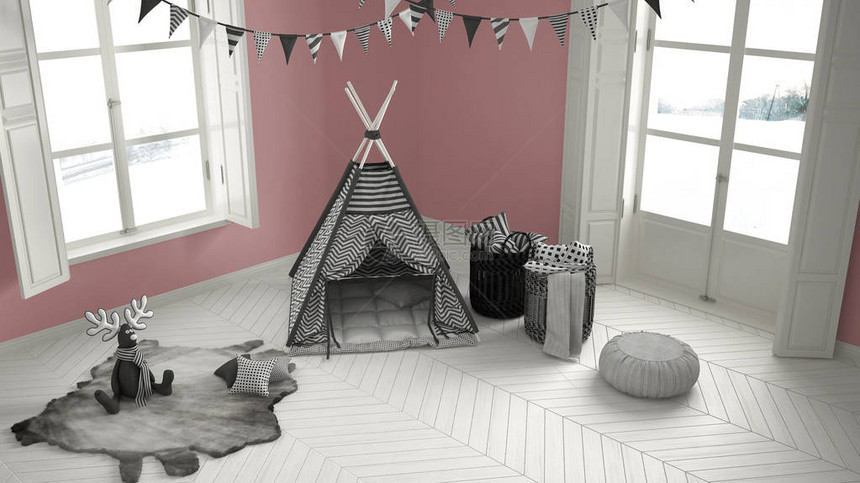 儿童房配有家具地毯和帐篷两扇全景窗户斯堪的纳维亚白色和图片