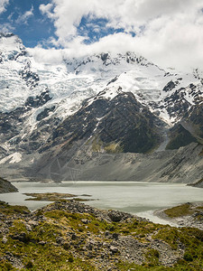 寒冷气候的山脉湖泊和草地景观图片