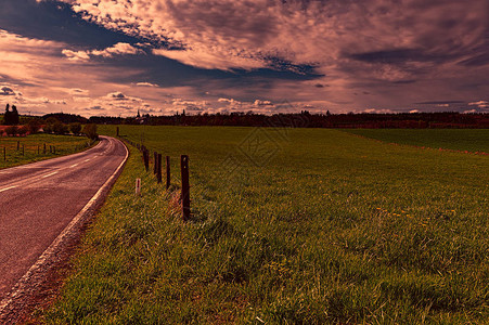 比利时日落时分春田与绿草之间的乡间小路与草甸和牧场地图片