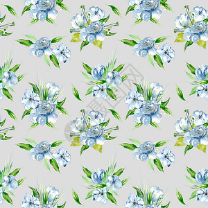 无缝花卉图案与蓝色水彩花束手绘图片