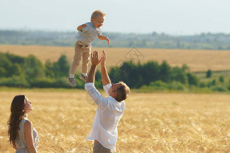 父母幸福父亲在小麦田里与儿子玩耍图片