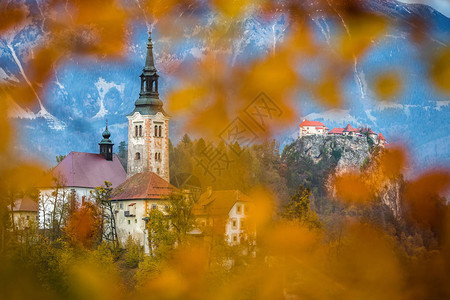 美丽的秋叶构筑了玛丽亚升天朝圣教堂图片