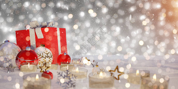 白雪皑的背景3D渲染中的红色和白色圣诞礼物和小玩意图片