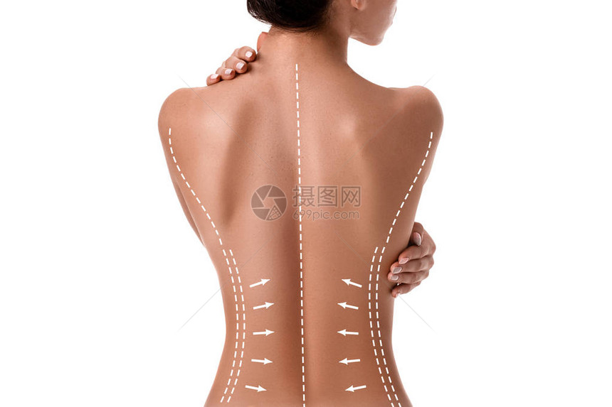 女身体上它隔绝白色衬底上绘制的箭头脂肪失去抽脂和脂肪去除概念图片