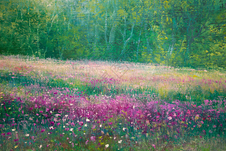 油画布紫罗兰花和绿树的春天草甸背景图片