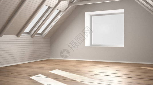空荡的房间阁楼镶木地板和木天花板梁建筑图片