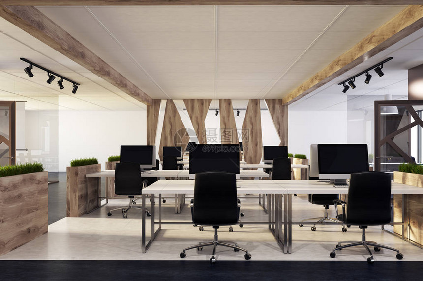 白色现代开放空间办公室内部设有全景窗户木地板和一排木制电脑桌黑色椅子3图片