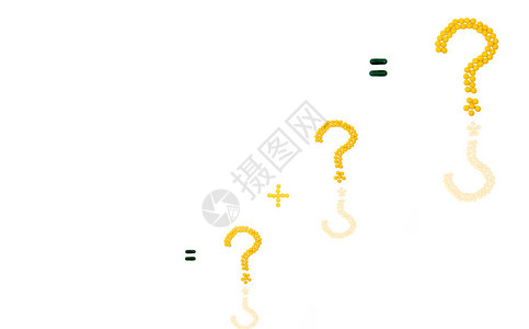 三个问号和加号由黄色糖衣片丸制成等号由孤立的白色背景上图片