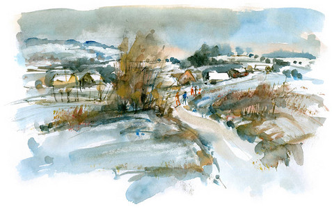 山下的村庄冬季风景水彩图片
