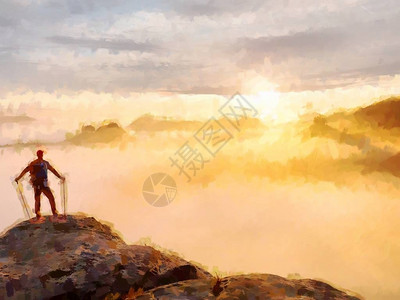 油画笔刷背负着运动背包躲在迷雾山谷上空的岩石景点上背景图片