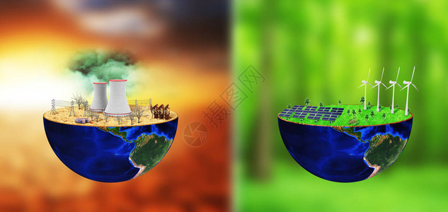 生态概念的一半被有前途的技术所污染世界末日的概念干木材石油和电力图片
