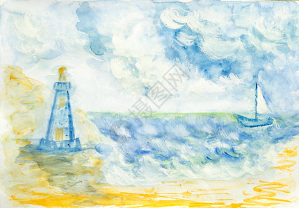 海上游艇和灯塔水彩插图图片