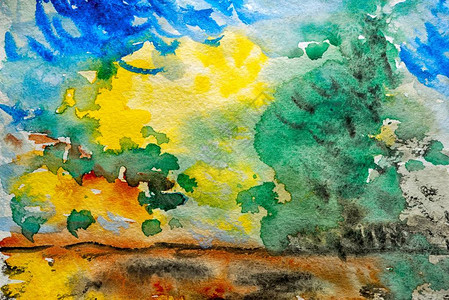 水彩风景原画五颜六色的绿树与太阳和云彩在美丽自然夏季的白天画印象背景图片