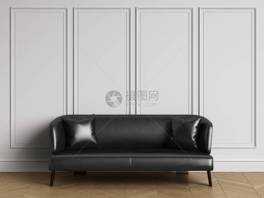 经典室内的黑色真皮沙发与复制空间白色墙壁与造型地板拼花人字形数字插图图片
