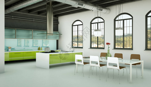 3d绿色现代厨房在设计漂亮设计的图片