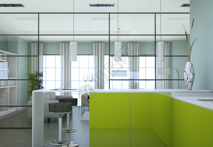 3d在一个设计漂亮设计的阁楼中绿色图片