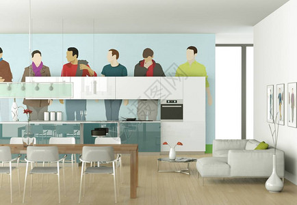 带红色壁纸3d插图的灰色现代厨房图片