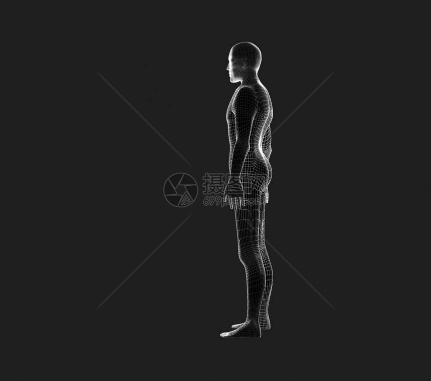 人体侧面的观点黑色的线框模型未来技术概念中的人工智能3d插图图片