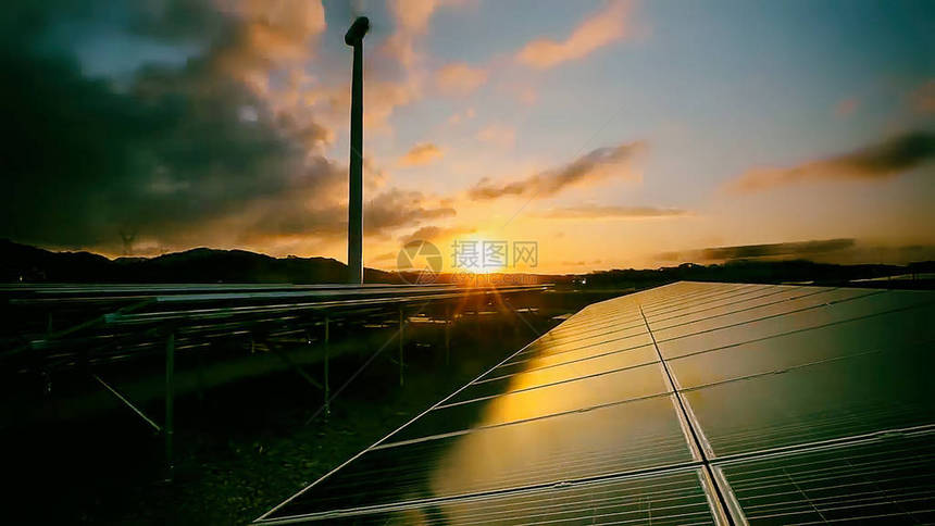 可再生和可持续能源太阳能电池板和风力涡轮机动力地热能气候变化以图片