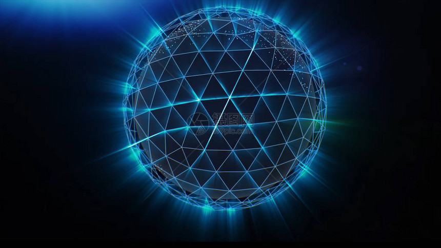 PlexusSphere爆炸成粒子和多边形连接网络中的线全球商品和服务的交换从混沌缓慢移动的点和线的抽图片