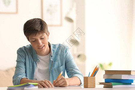 青少年男孩在家做作业图片