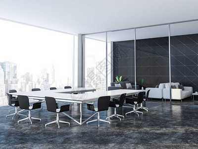 黑色三角形瓷砖会议室内部设有全景窗户灰色地板和白色桌子图片