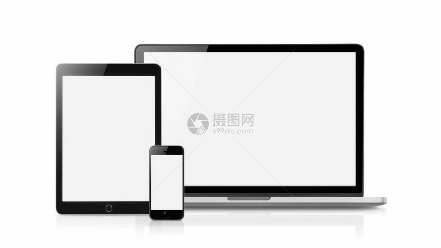 笔记本电脑智能手机和平板样机空白屏幕上的白色背景概念样机Copyspace文本图片